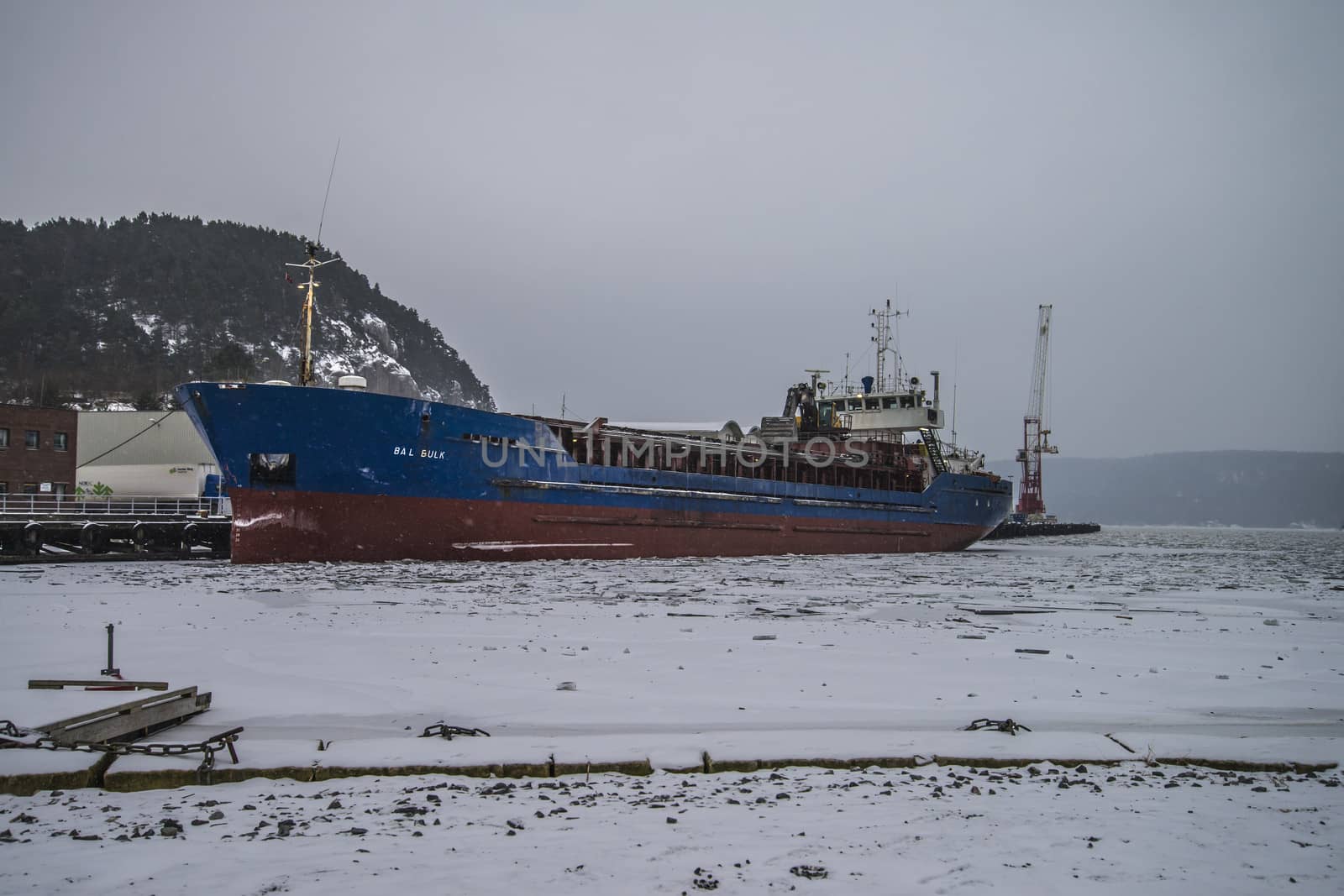 bal bulk moored to the quay at the port of Halden, in snowfall by steirus
