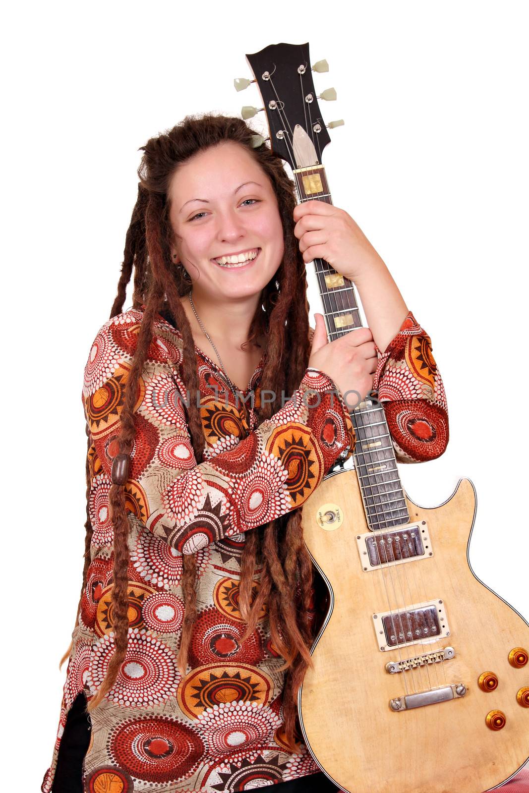 girl with dreadlocks hair and electric guitar portrait by goce