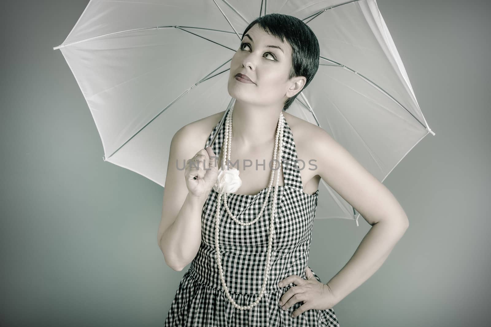 20s woman with white umbrella, pin up style