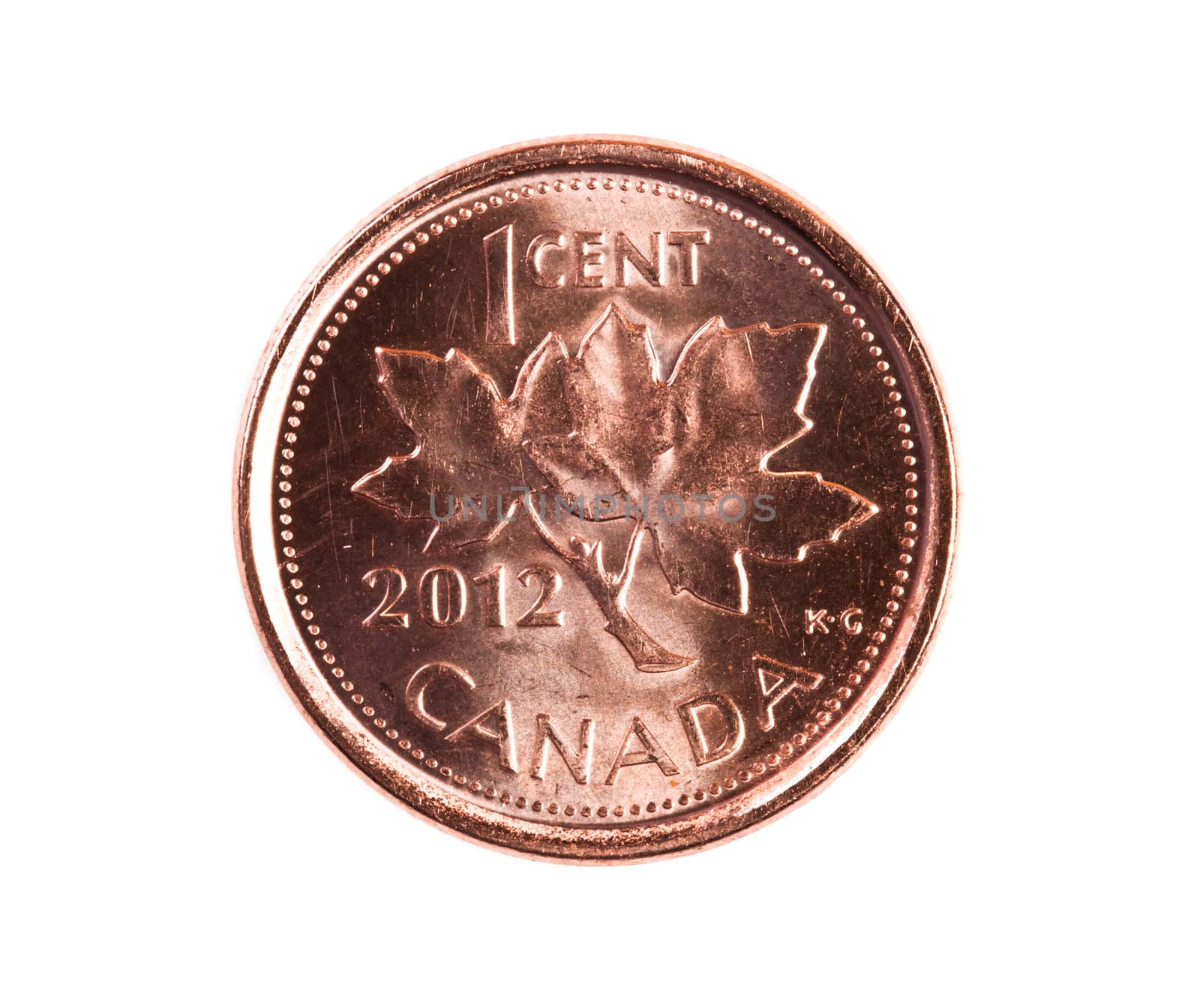 A brand new 2012 shiny Canadian one cent coin with the national symbol, the maple leaf.