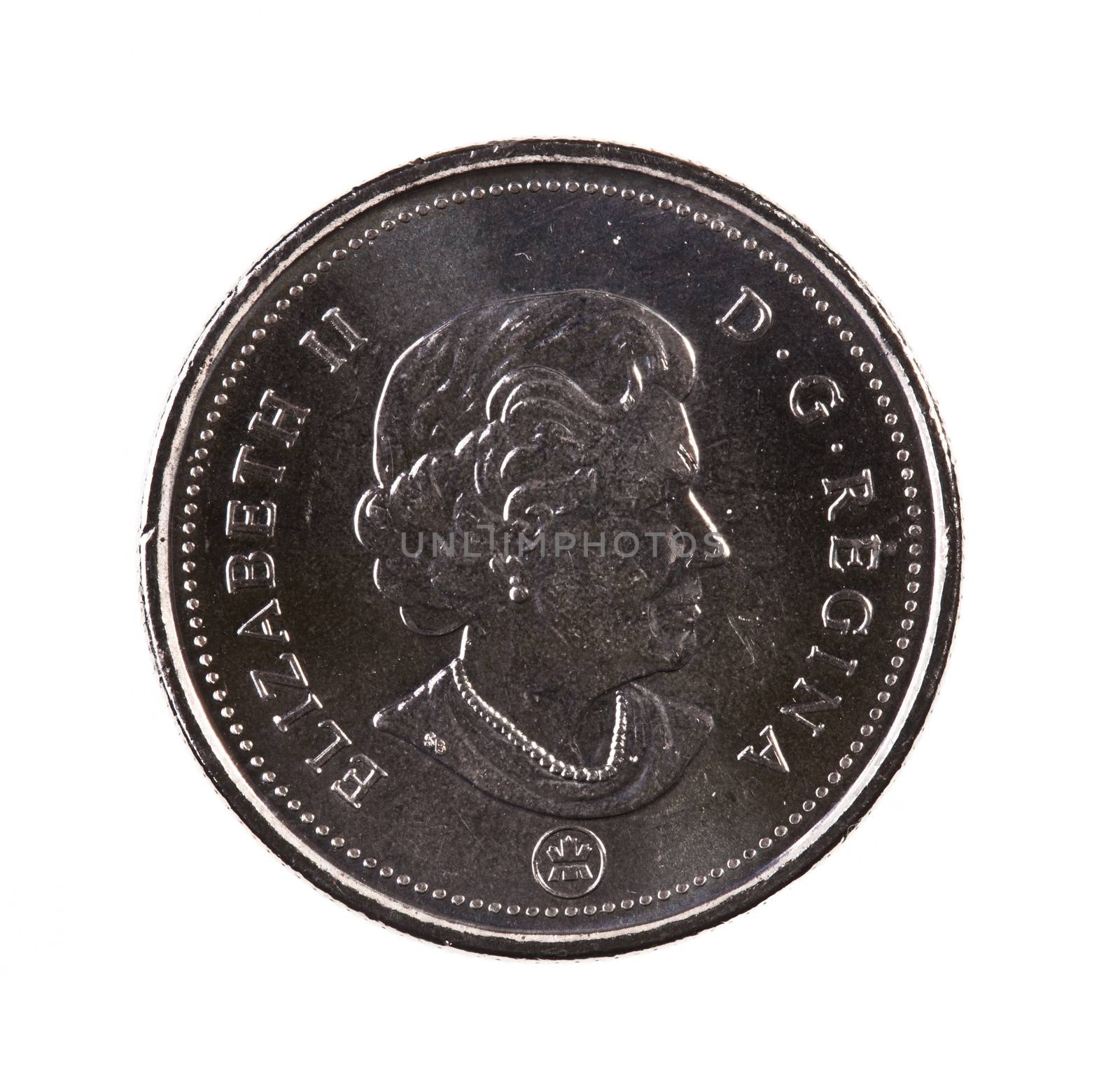 A brand new 2012 shiny Canadian twenty-five cents coin with the Queen Elizabeth portrait