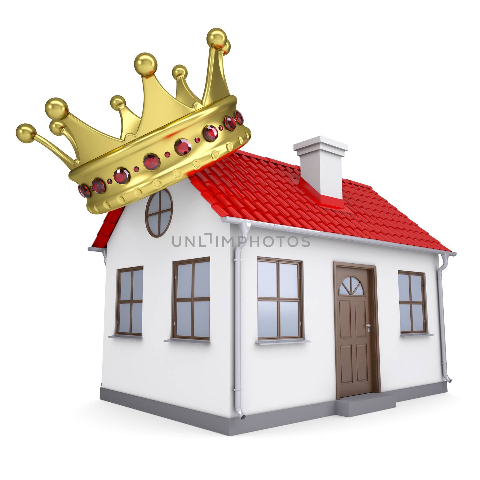 A small house with a crown. Isolated render on a white background