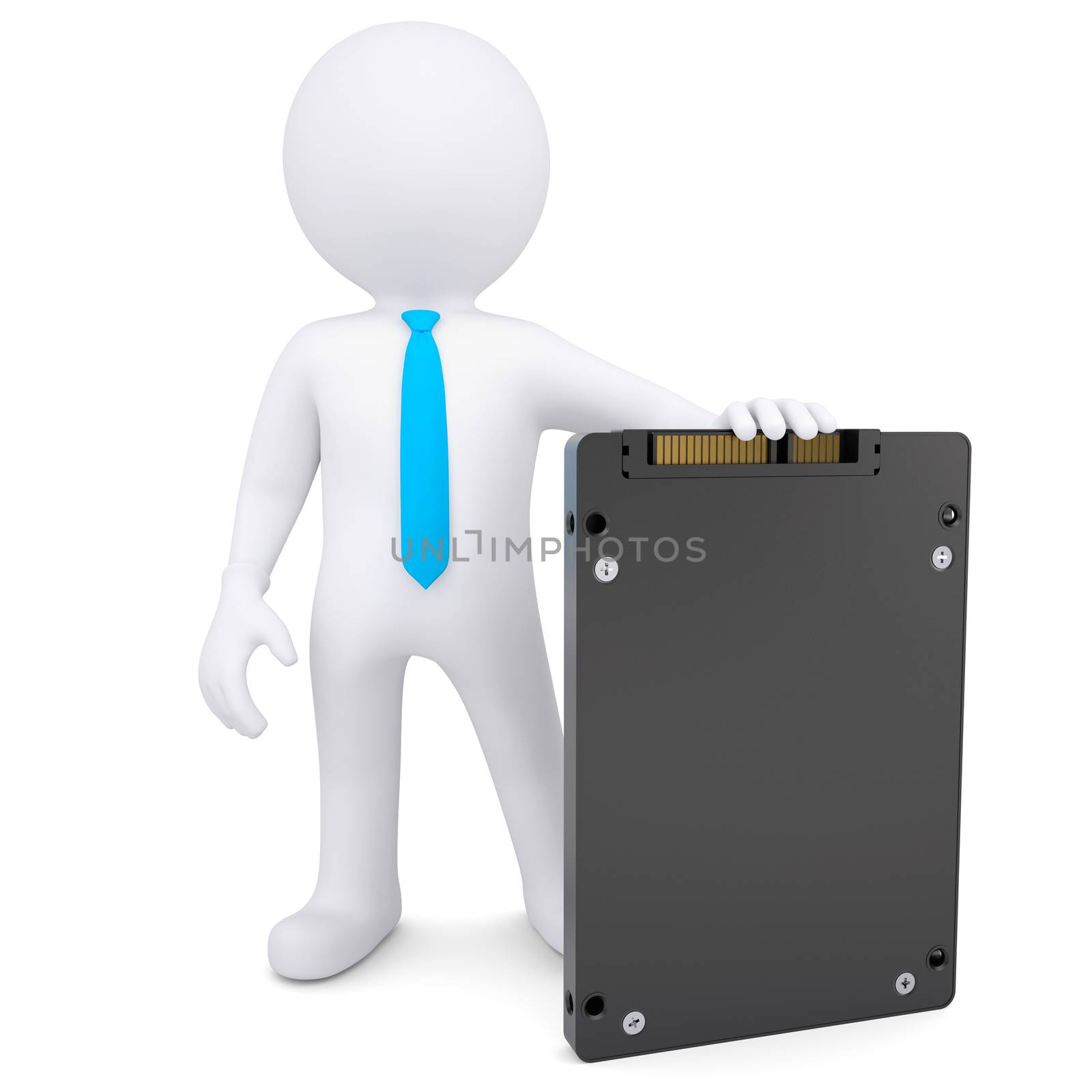 3d white man holding a solid state drive. Isolated render on a white background