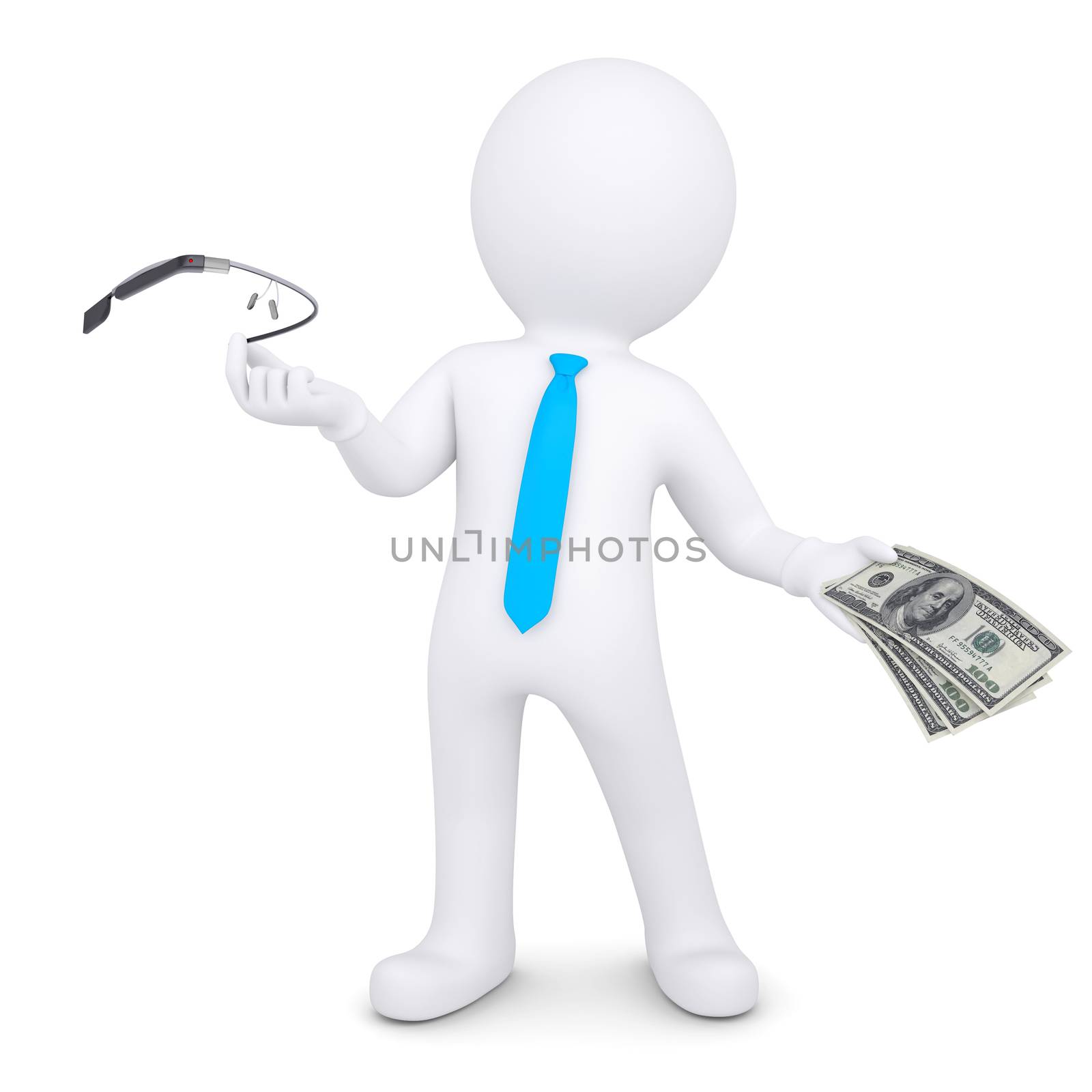 3d man changes the google glass on the money. Isolated render on a white background