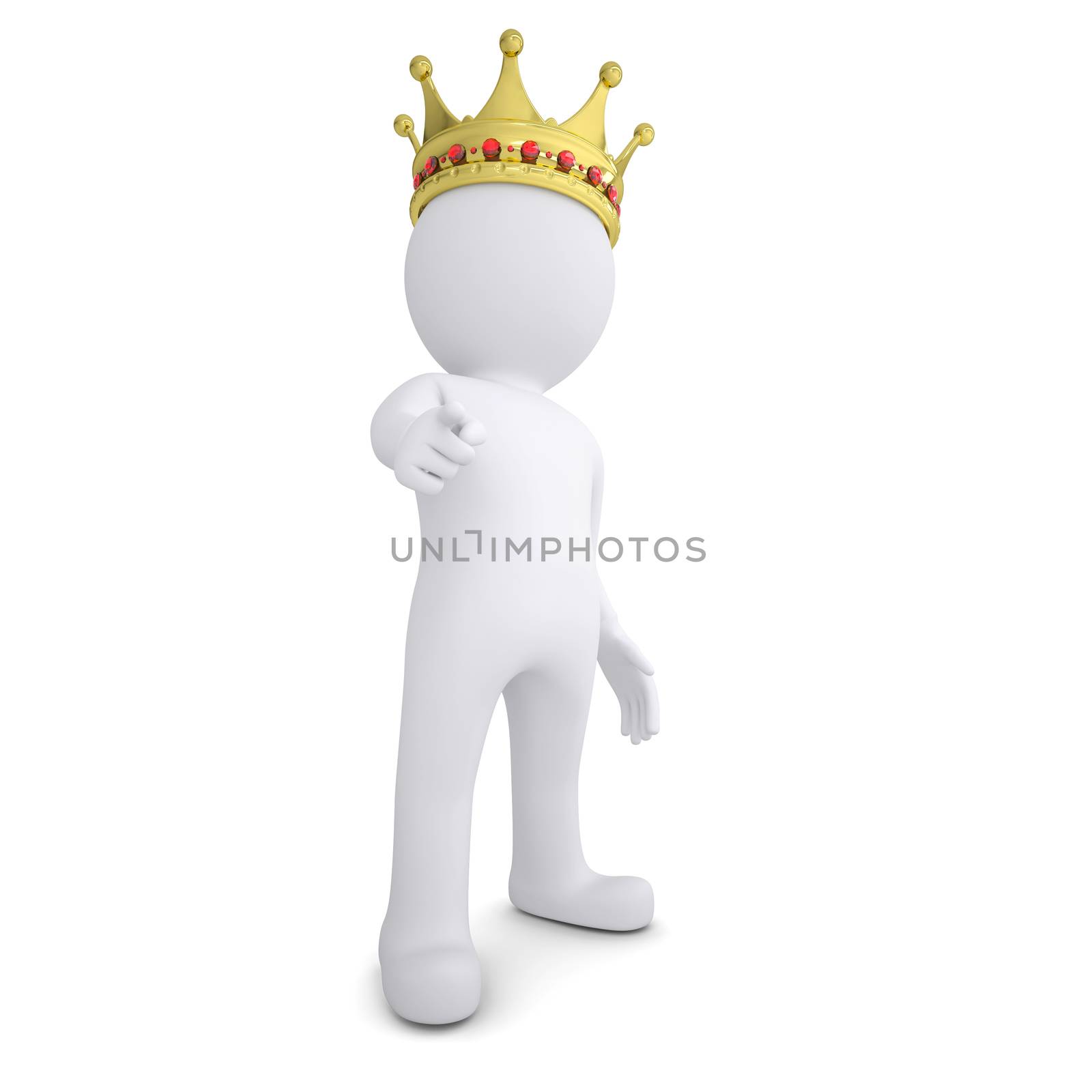 3d white man with the crown pointing the finger at the viewer. Isolated render on a white background