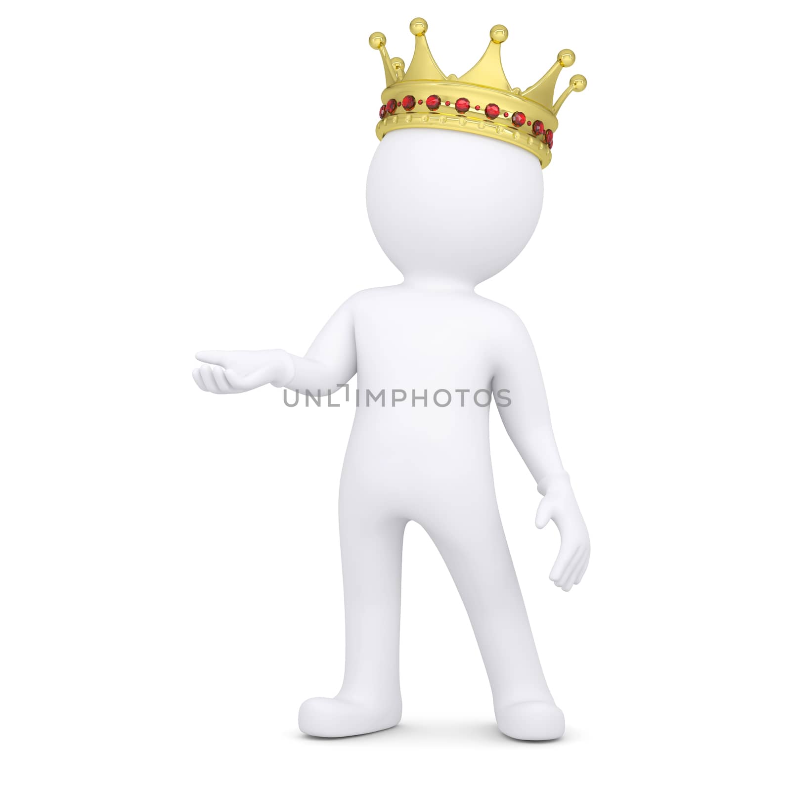 3d white man with a crown raised his hand. Isolated render on a white background