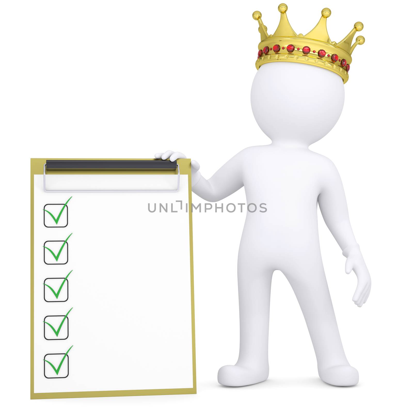 3d white man with a crown holding a checklist. Isolated render on a white background