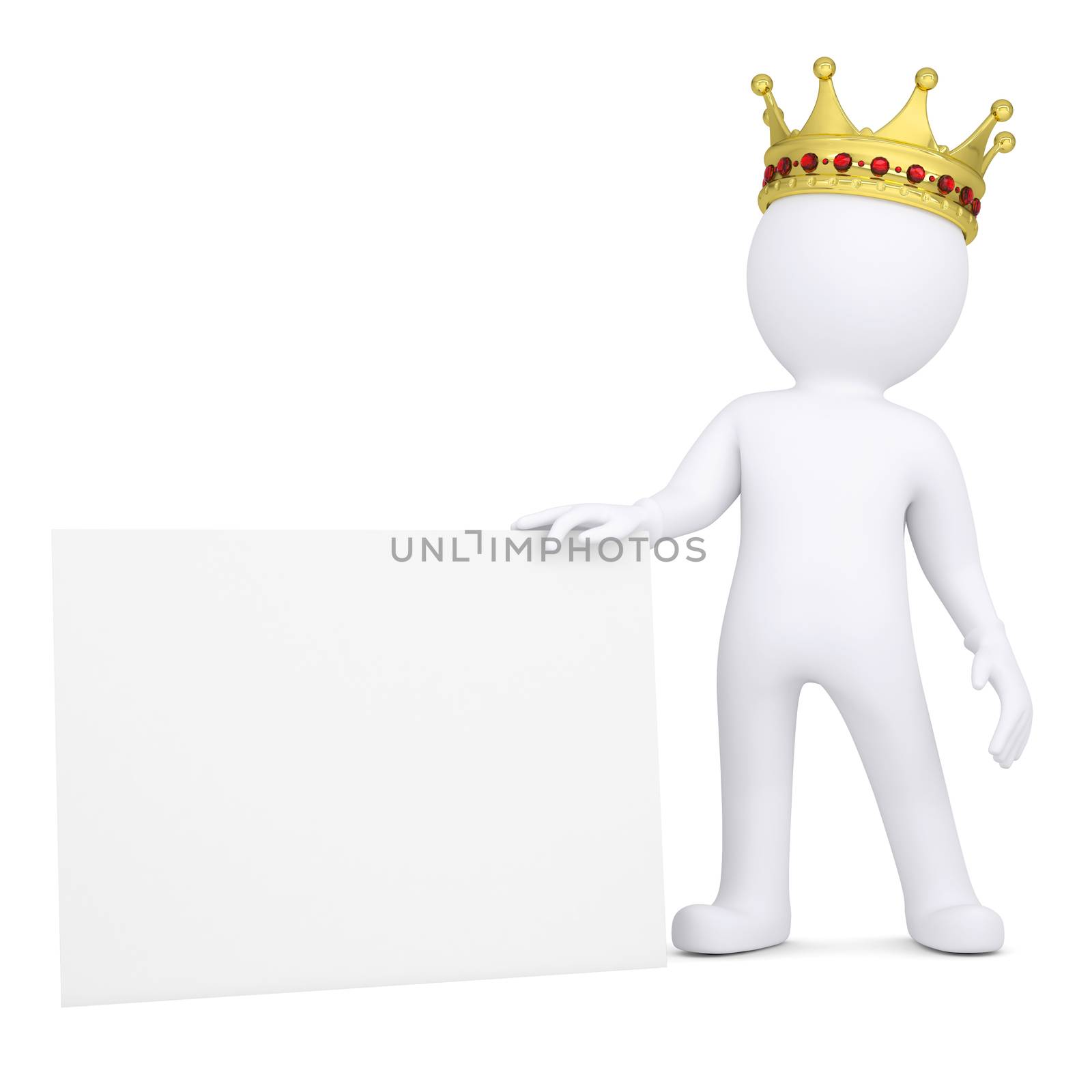 3d man with crown holding blank business card by cherezoff