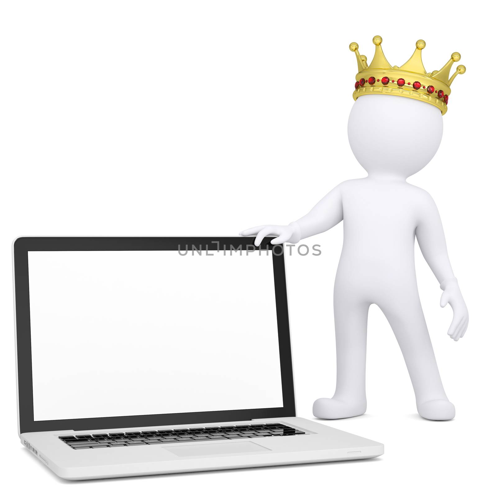 3d white man with a crown holding a laptop. Isolated render on a white background