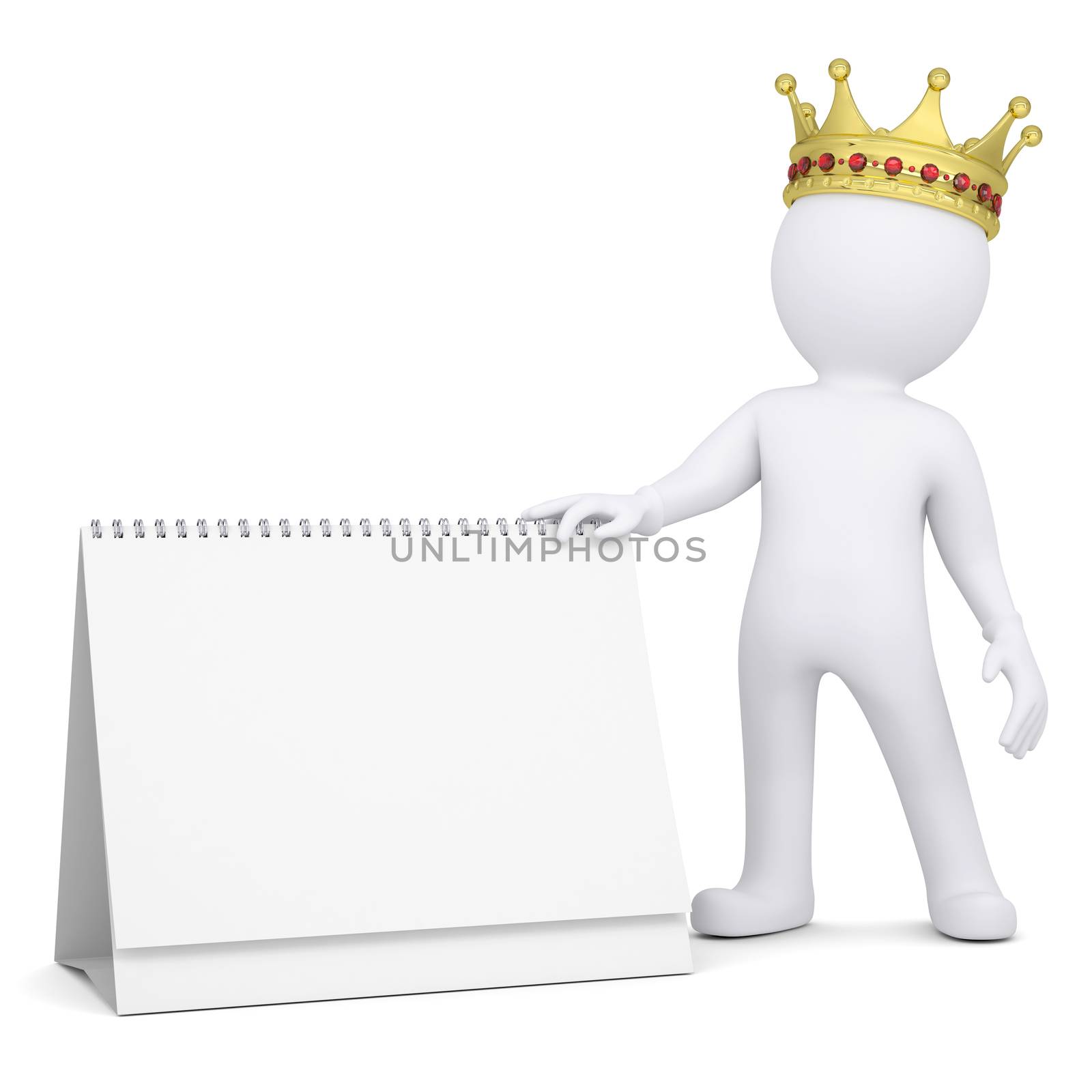 3d white man with a crown holding a desk calendar. Isolated render on a white background