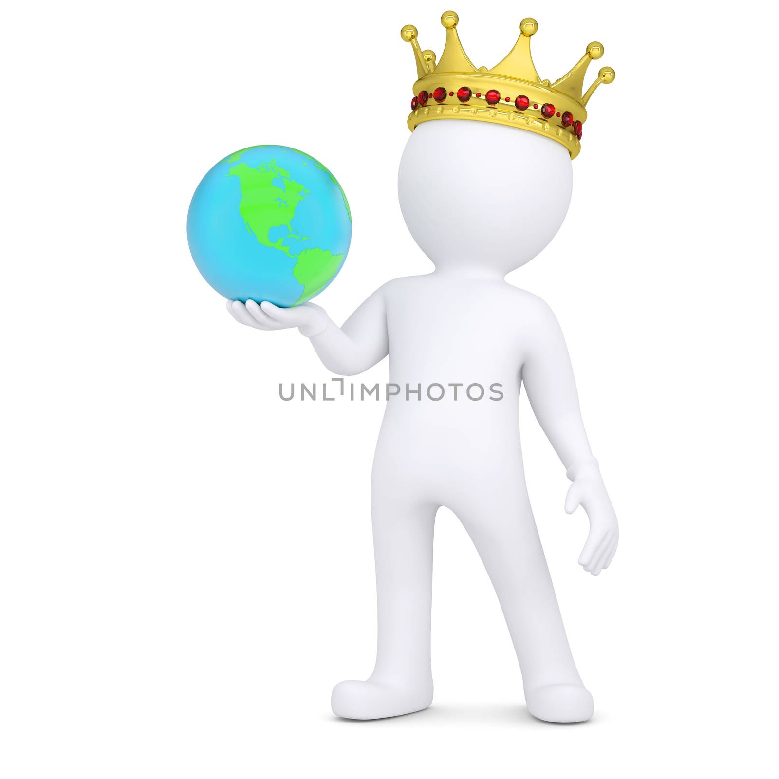 3d white man with a crown holding the Earth. Isolated render on a white background