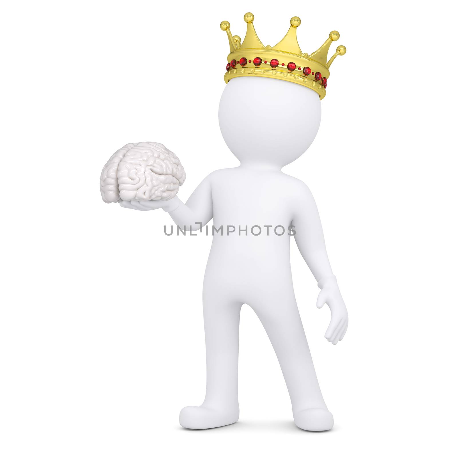 3d white man with a crown keeps the brain. Isolated render on a white background