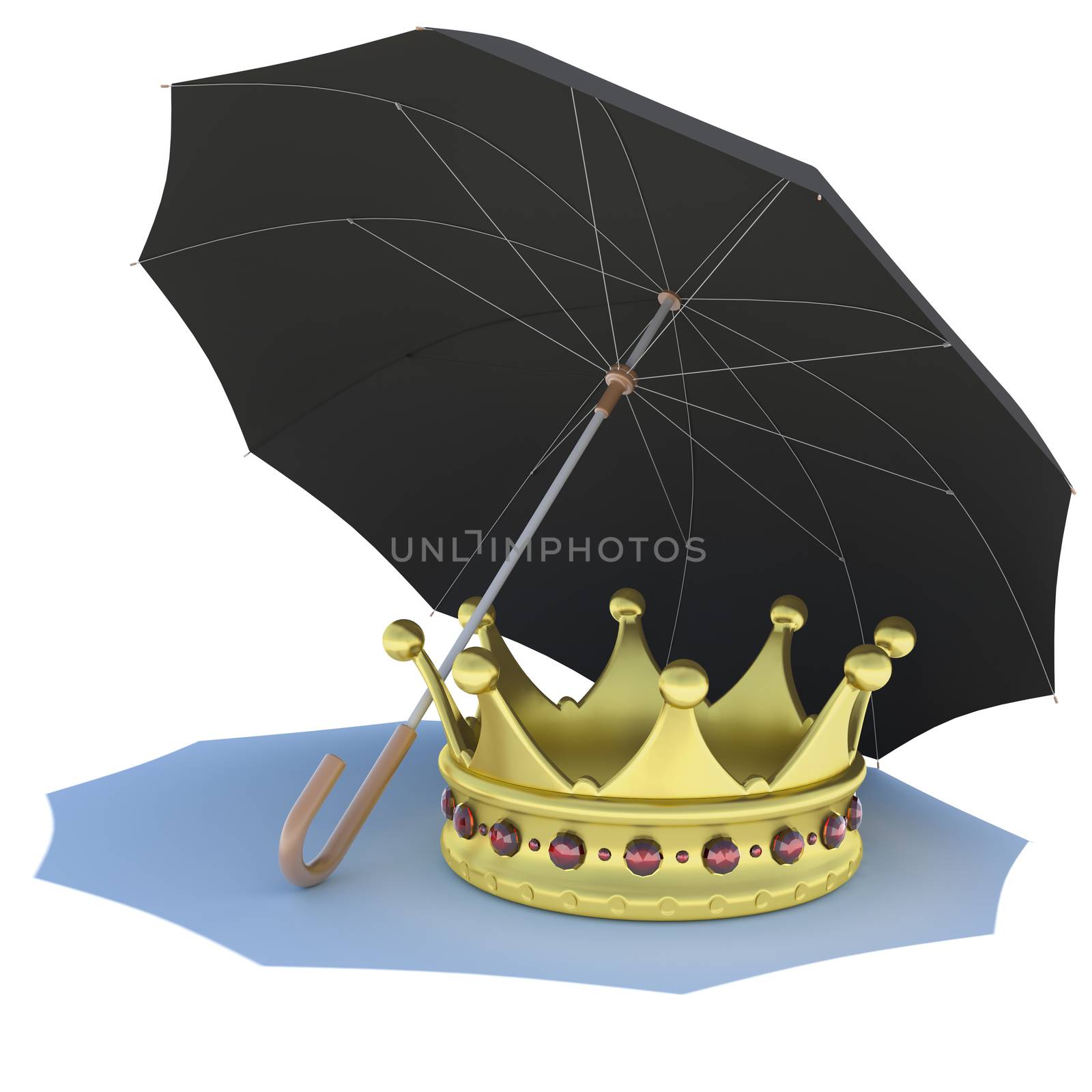 Umbrella covers the gold crown. Isolated render on a white background