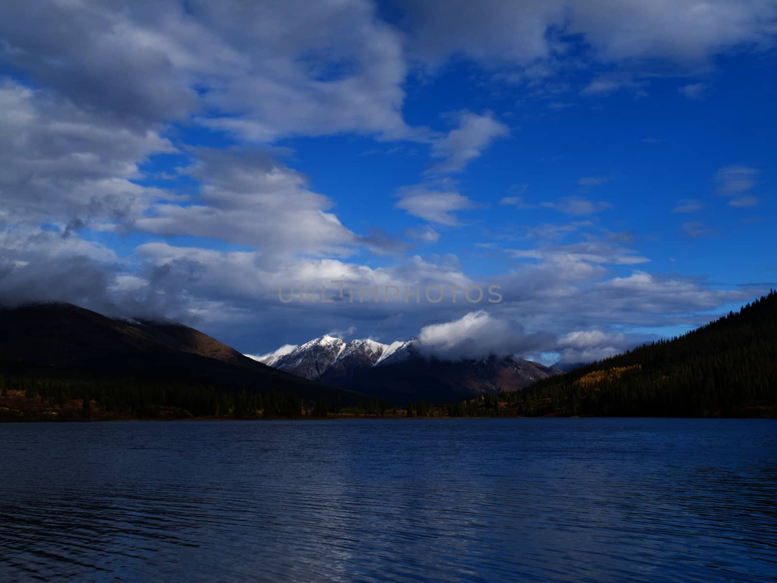 Distant mountains and fall colored willows at the shore of beautiful scenic Lapie Lake Yukon Territory Canada