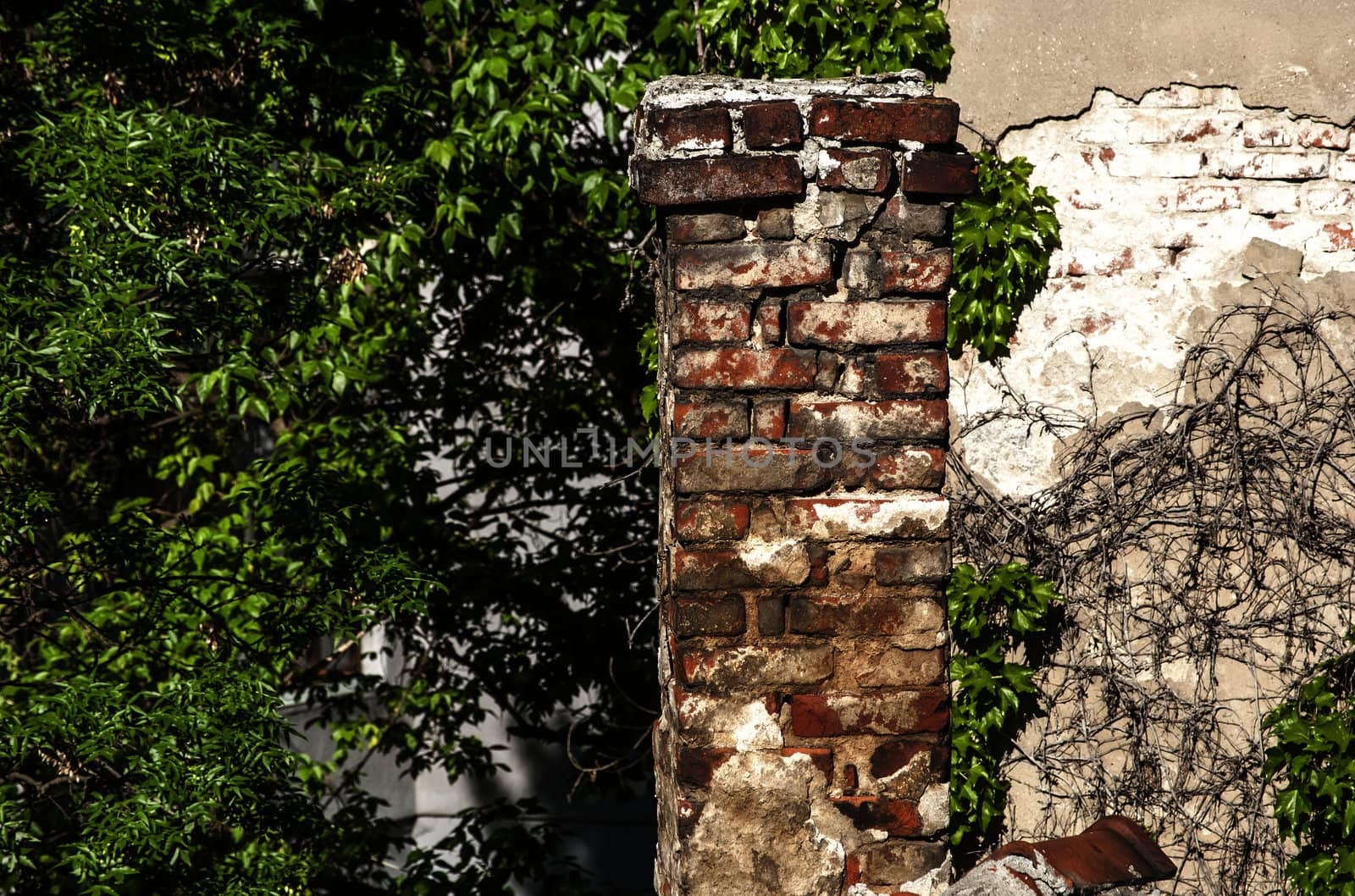 Old urban house roof with chimney