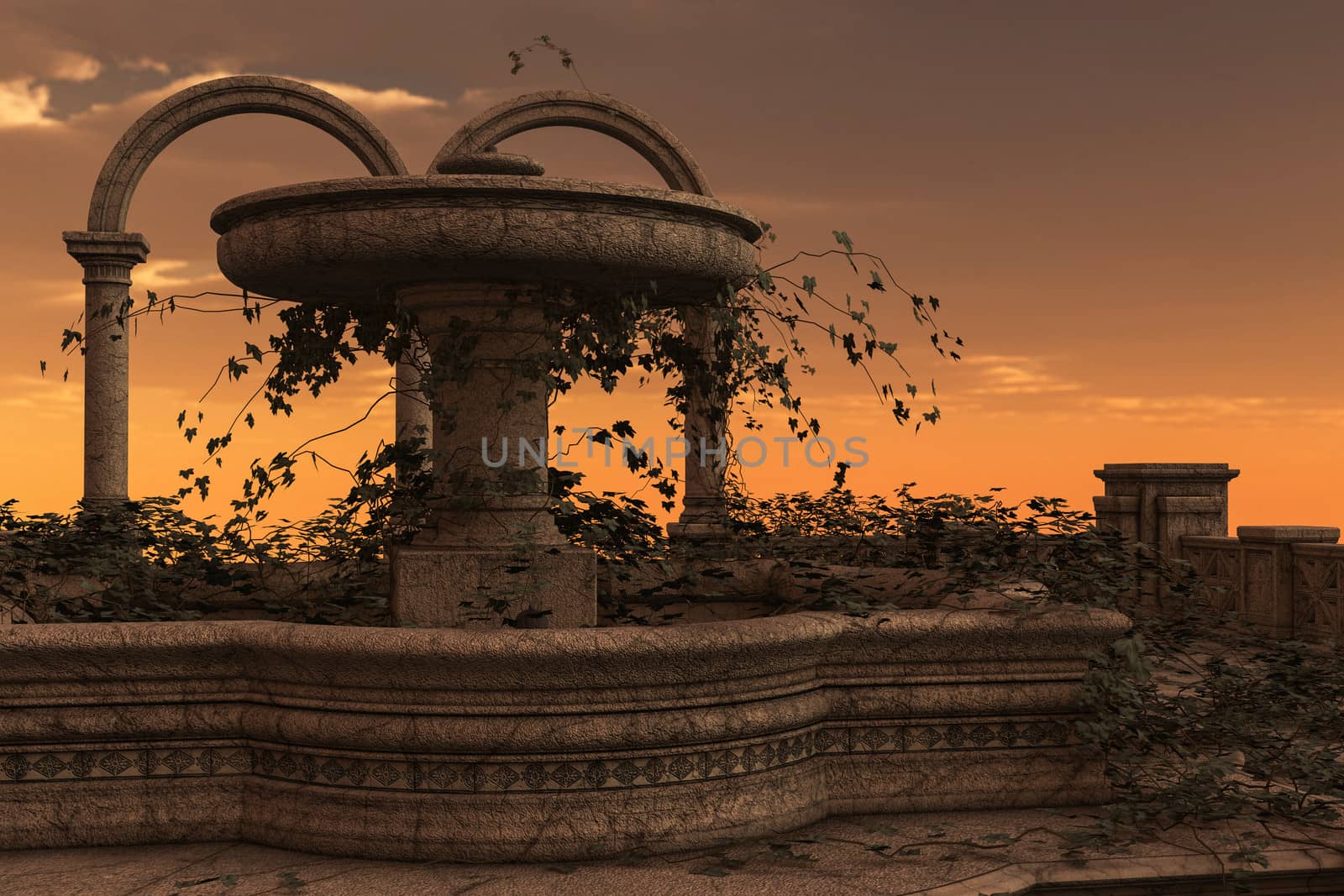 3D rendered illustration of ancient ruins of fountain on sunset