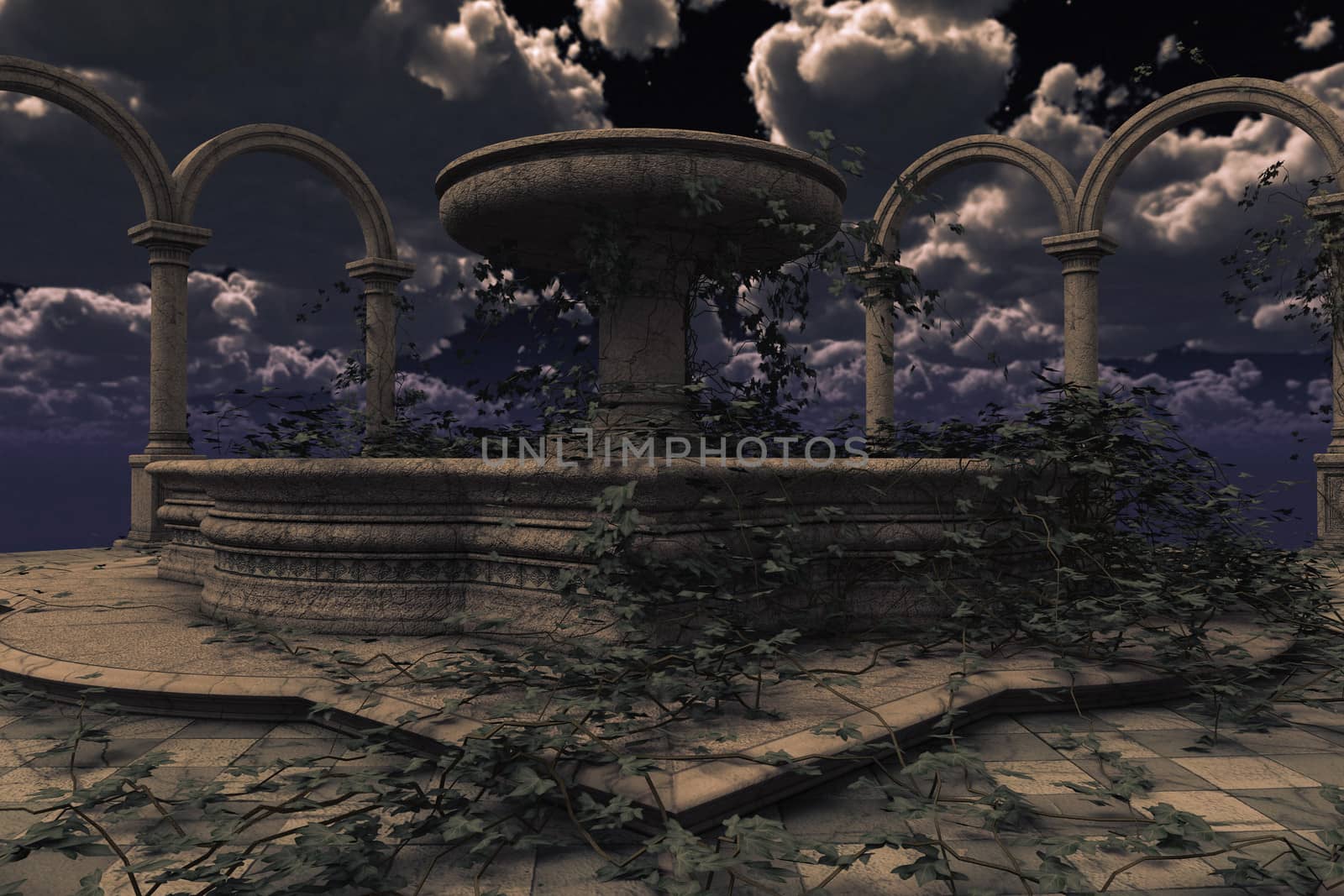 3D rendered illustration of ancient ruins of fountain on sunset