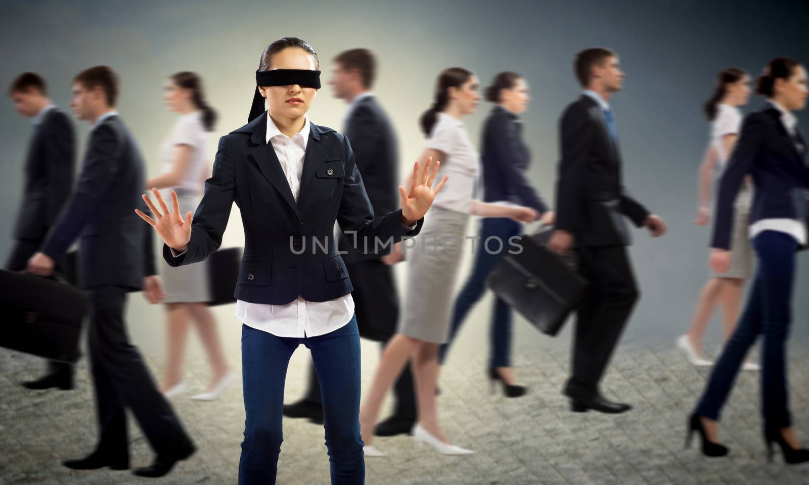 young blindfolded woman. seeking a way out in a crowd