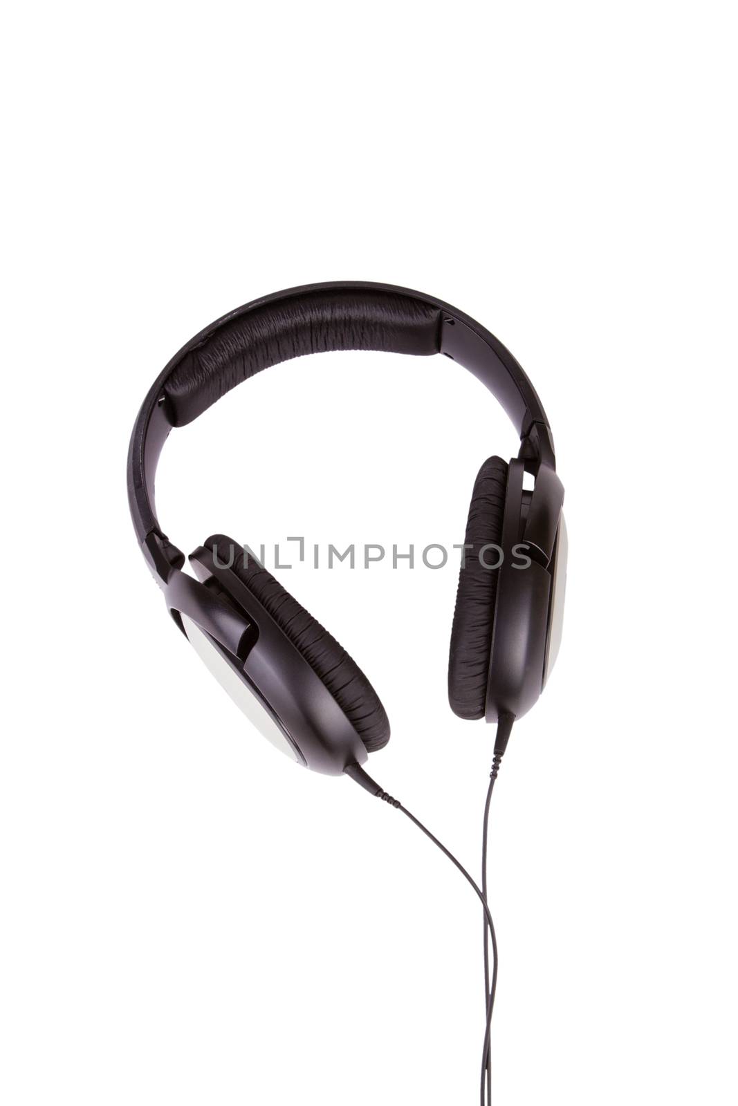 Black headphones with cable isolated on white background