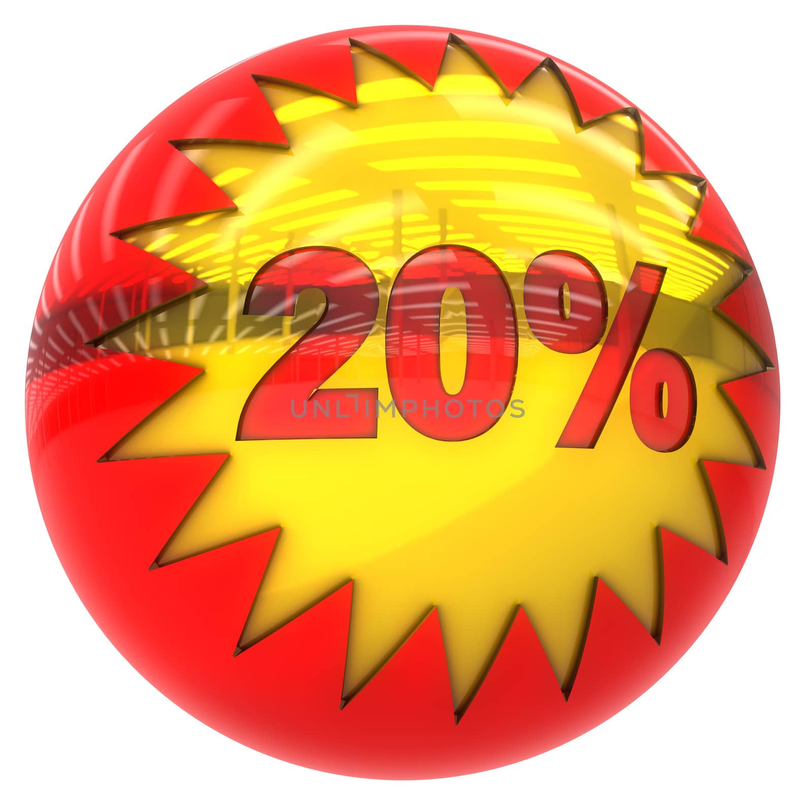 3d sphere with star and twenty percent with clipping path and isolated on white