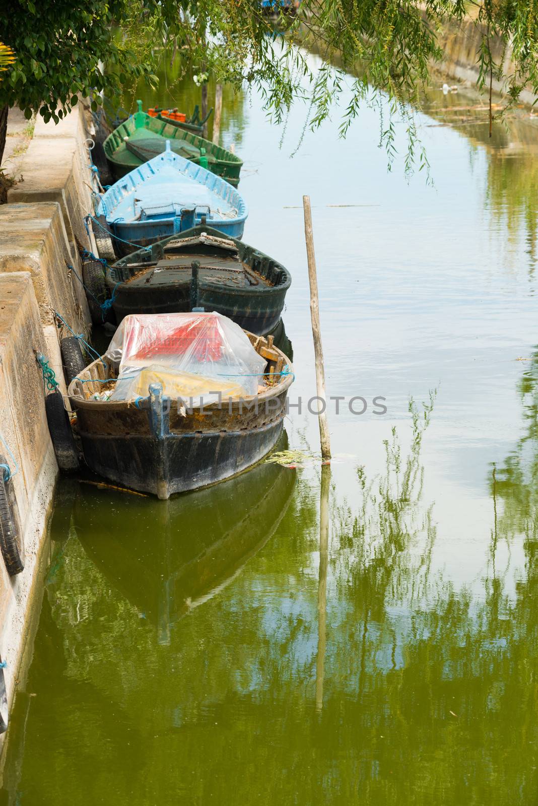 Traditional fishing boats as seen all over La Albufera natural park, Valencia, Spain