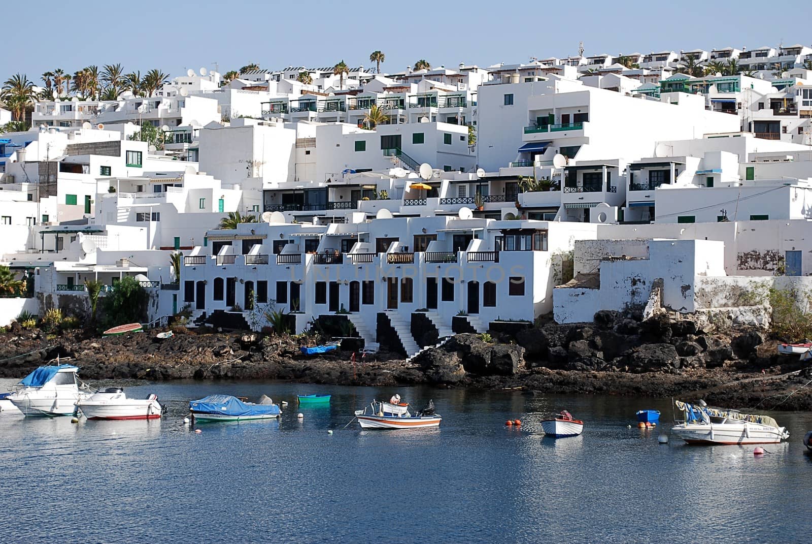 Lanzarote harbor full of moored boats