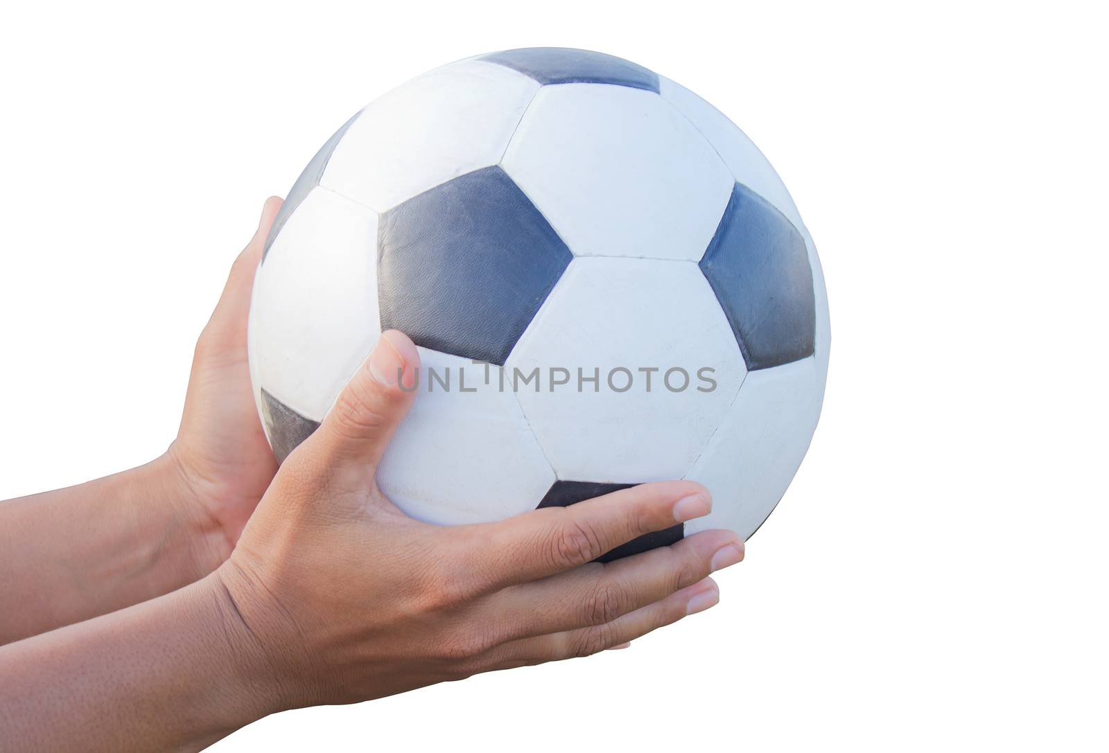 Classic soccer ball in male hands. Isolated over white