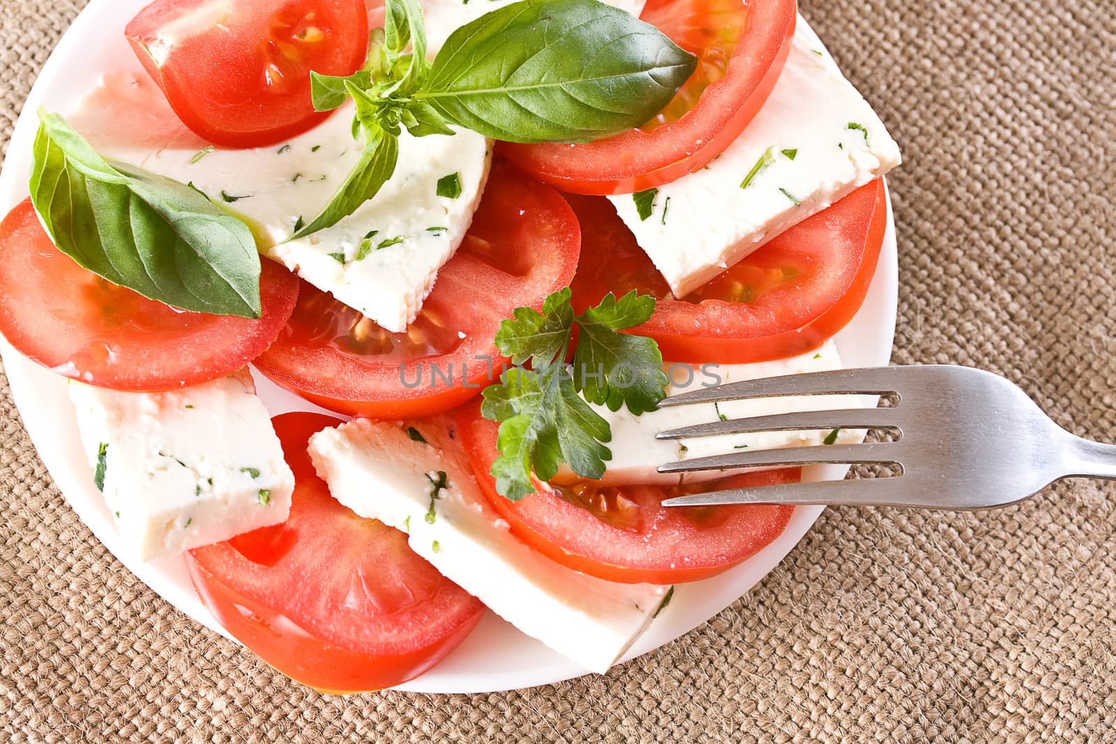Salad with tomatoes and cheese on the plate