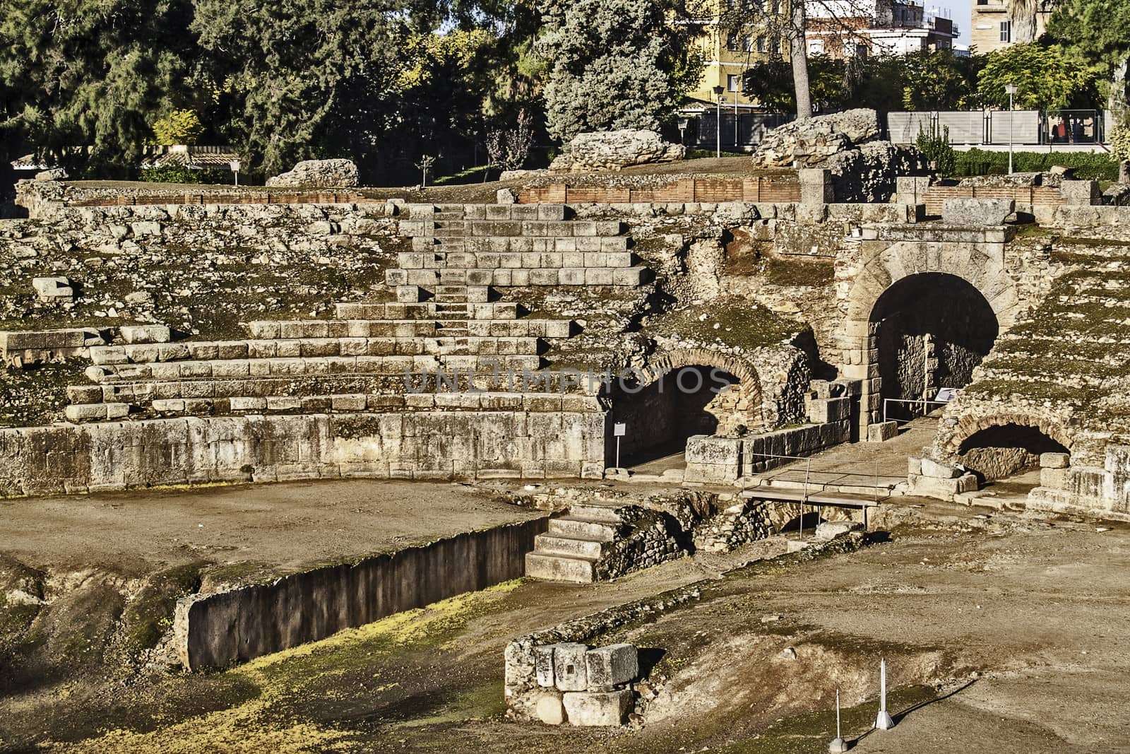 Merida, November 2012. Roman Amphitheater ruins in Merida, capital of Extremadura region in Spain. Year 8 B.C. 15,000 spectators. Archeological site UNESCO World Heritage Site.