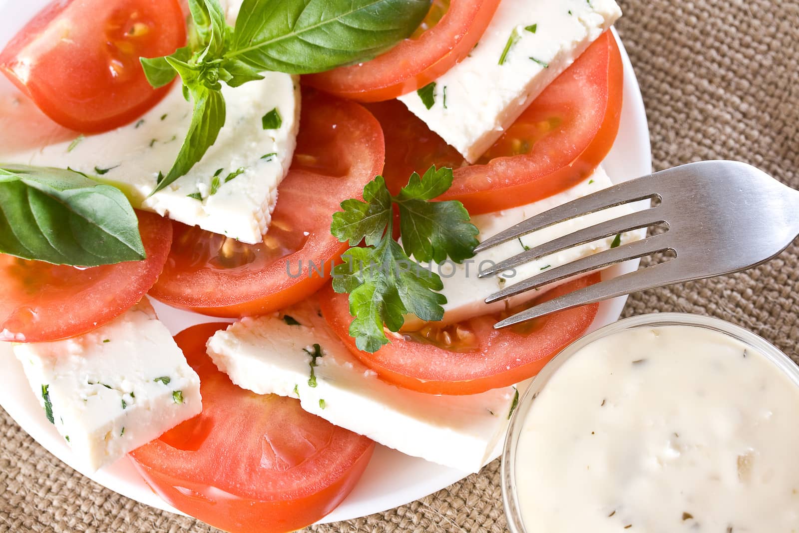 Salad - tomatoes with basil and cheese and sauce