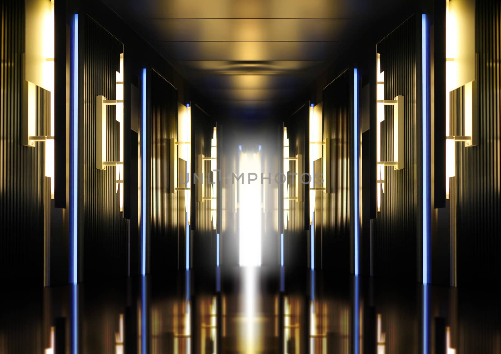 Futuristic perspective hallway modern corridor illuminated