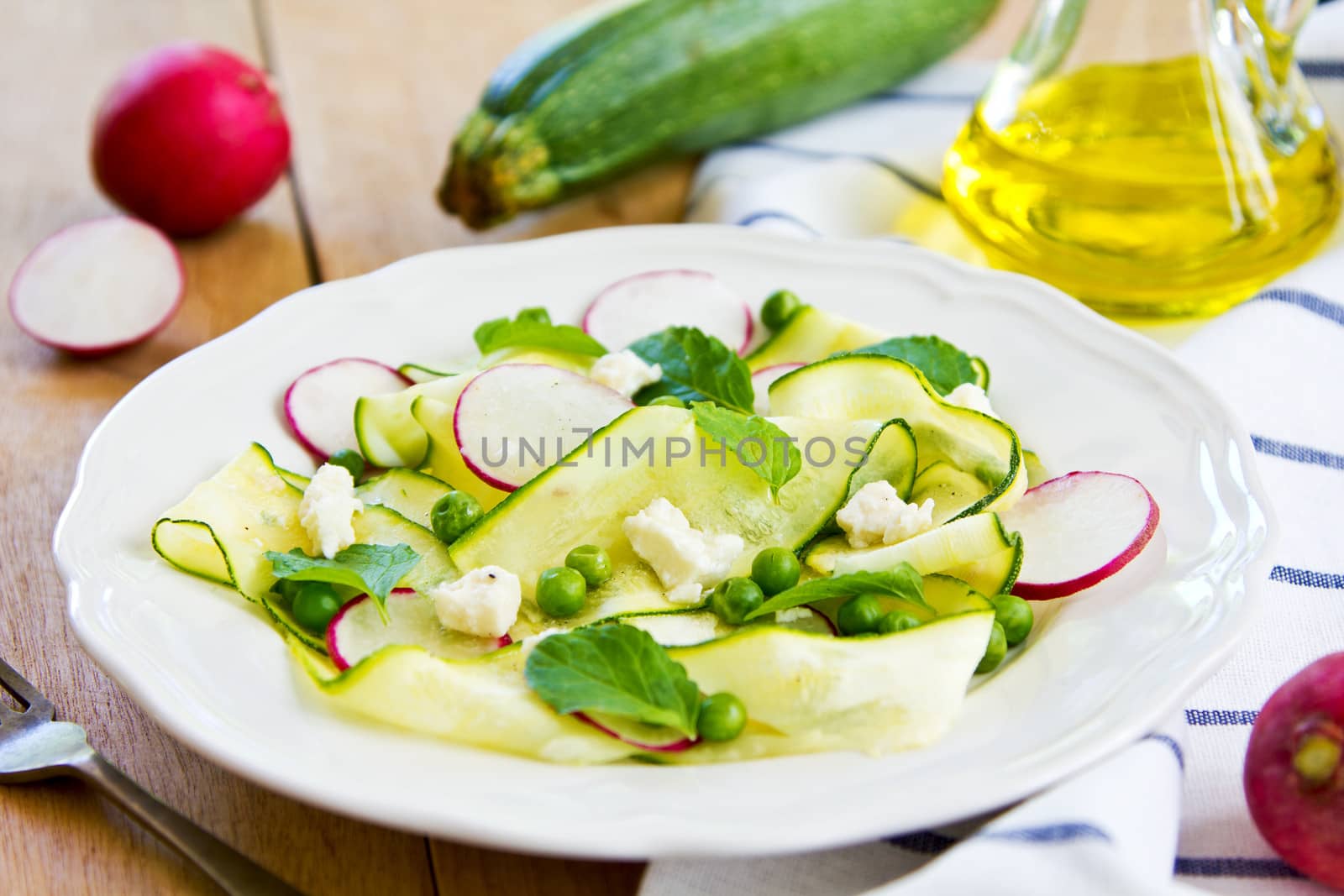 Zucchini ribbon with Pea ,Mint and Feta salad