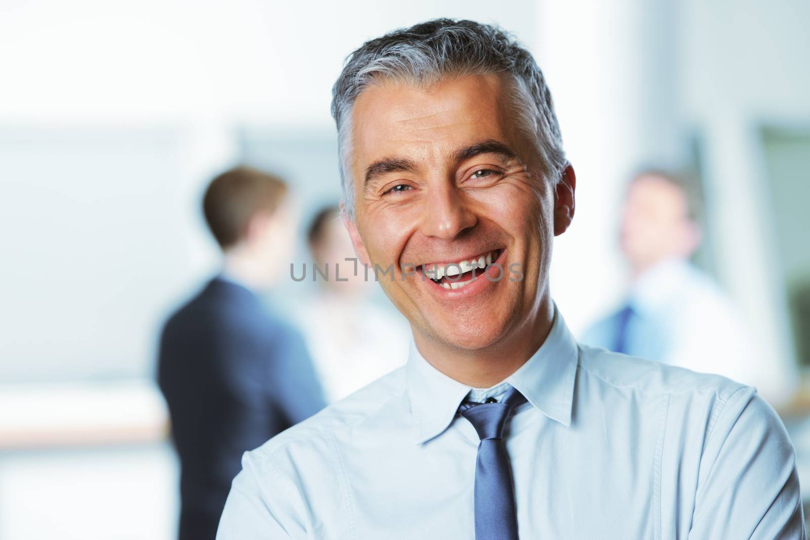 Mature businessman with colleagues in the background