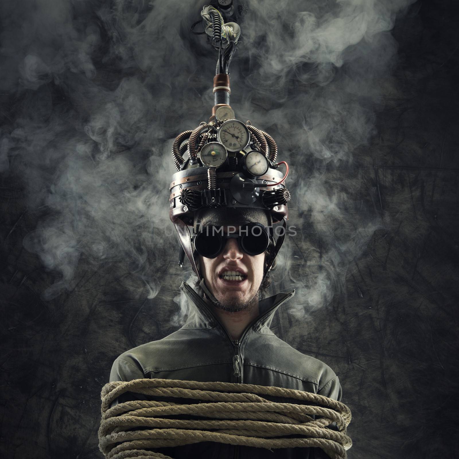 Man wearing a brain-control helmet, human brain-related experiments