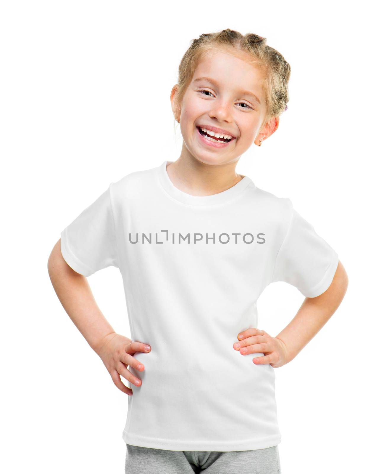 Cute little girl in white t shirt over white background