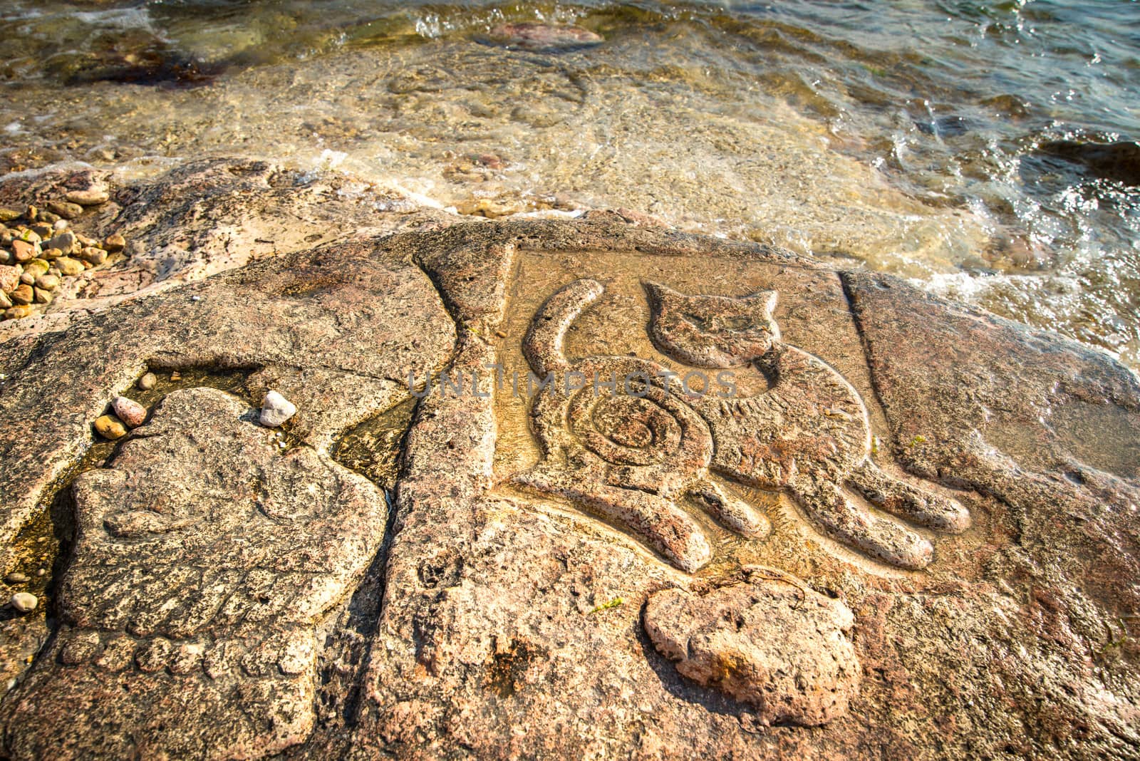 Rock carvings on the beach (cat and head) near Sevastopol (Crimea), Ukraine, May 2013
