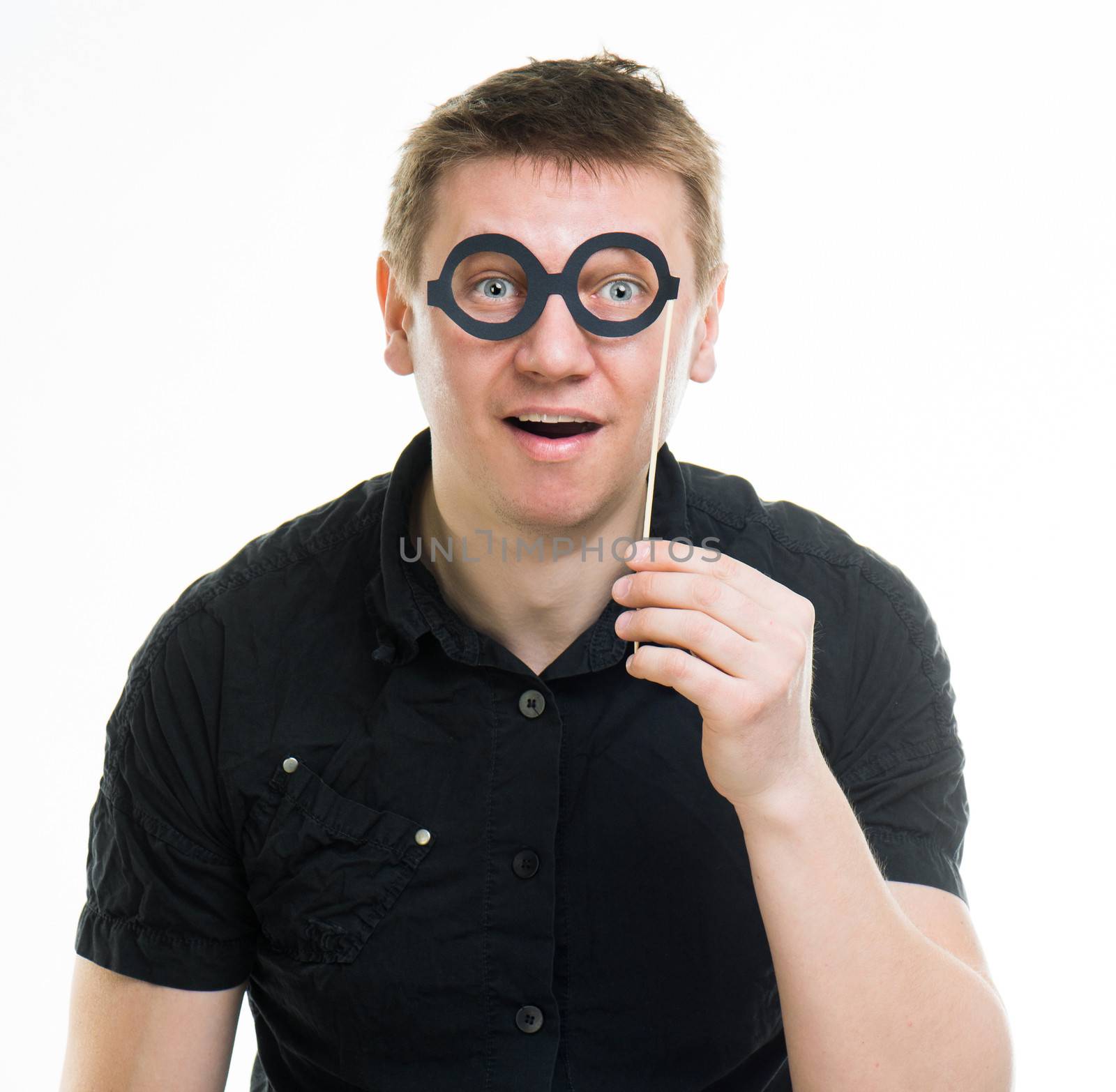 funny man with fake glasses isolated on a white background