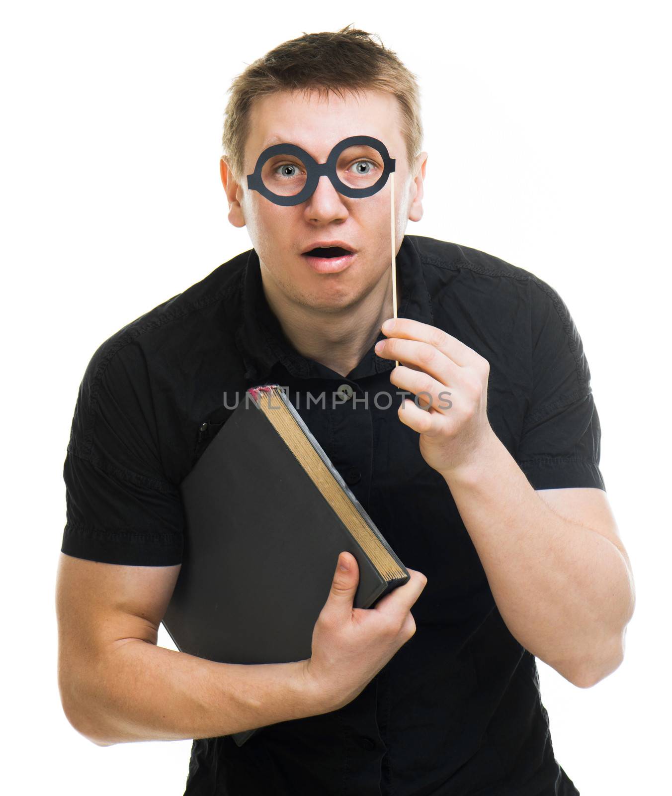 funny man with fake glasses and book isolated on a white background