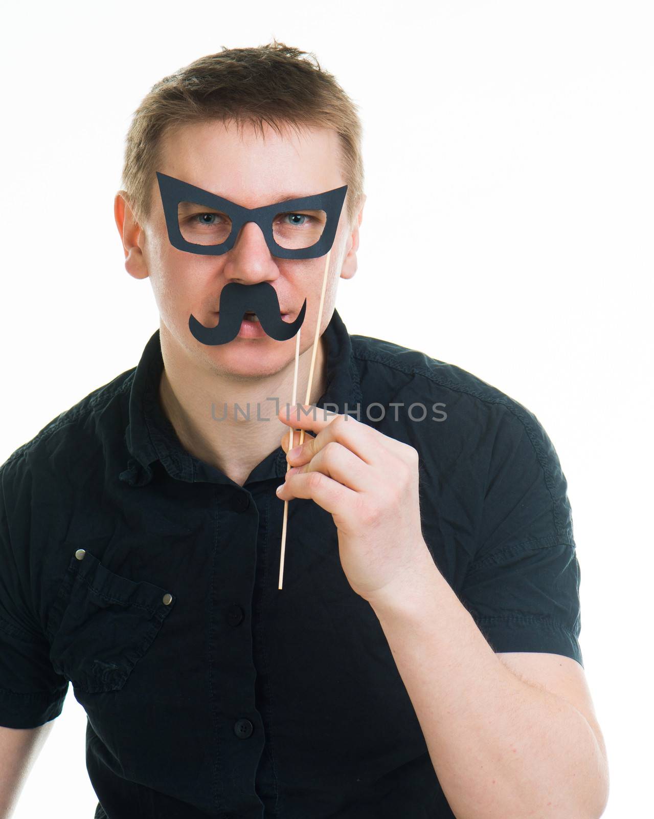 funny man with fake glasses and a mustache isolated on a white background