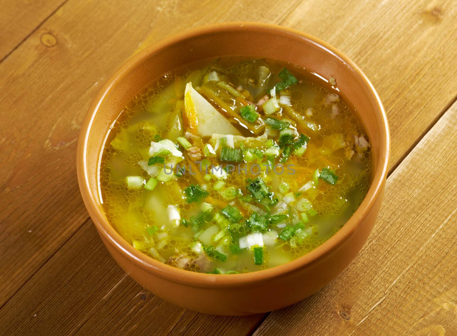 Russian soup rassolnik .Meat soup with pickled cucumbers.Russian cuisine