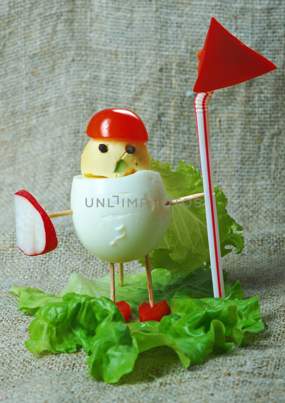 child breakfast.	soldiermade from eggs, small radish,tomato