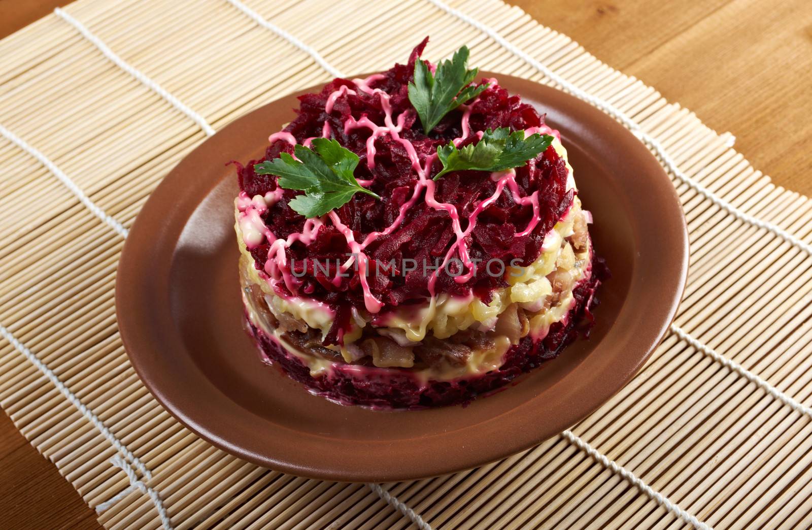 traditional russian salad with salted herring and beet -Selyodka Pod Shuboy (Dressed Herring)
