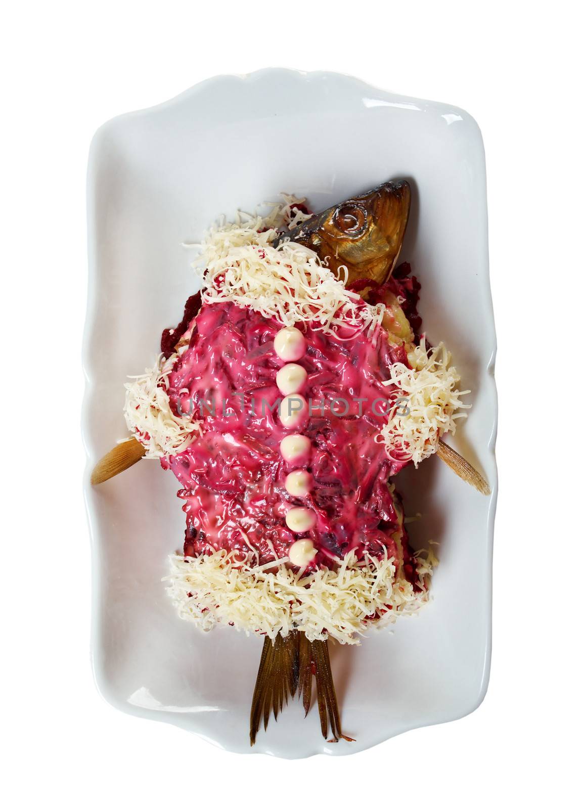 traditional russian salad with salted herring and beet -Selyodka Pod Shuboy (Dressed Herring)
