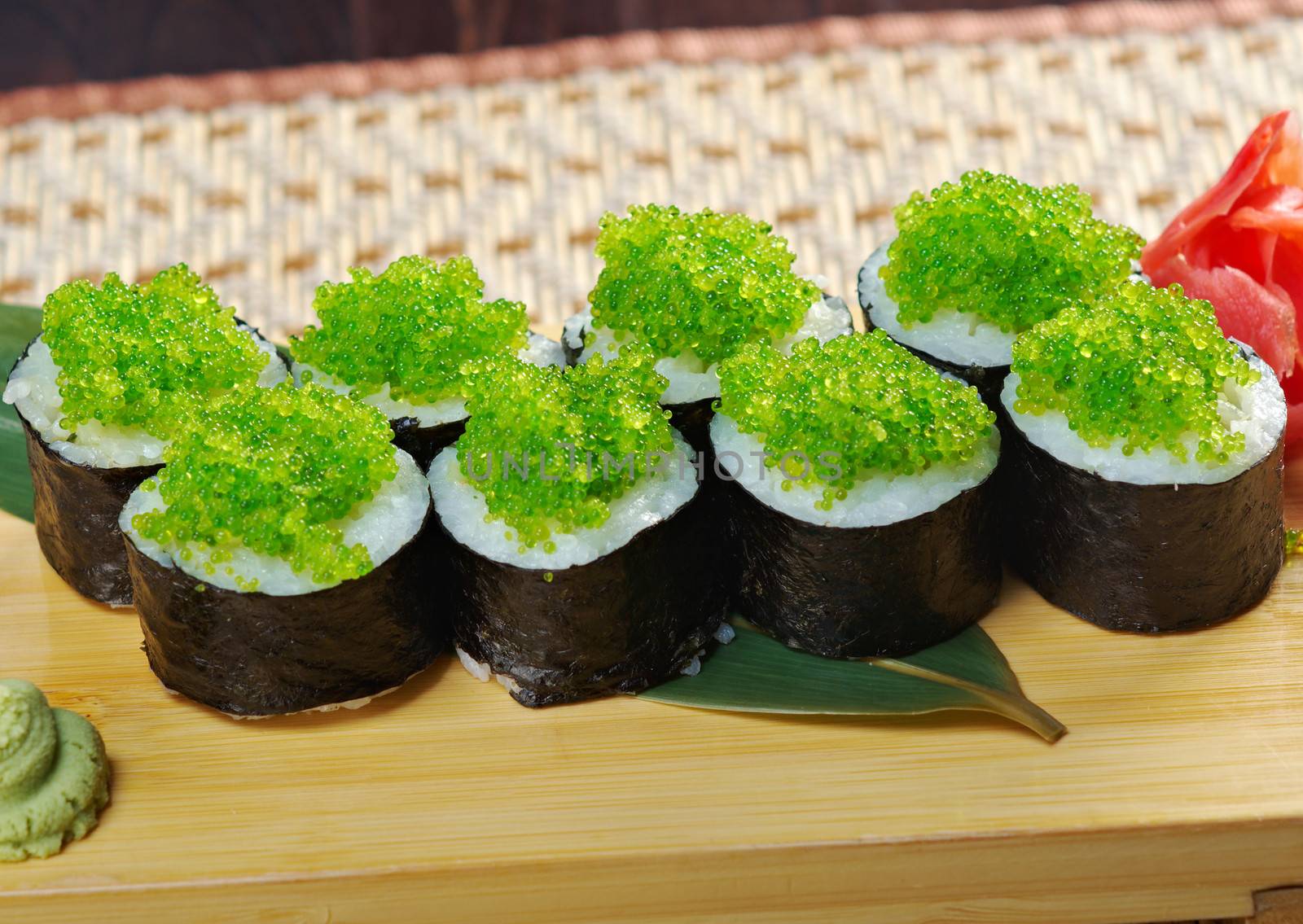 Tobiko (flying fish roe) Gunkan Maki Sushi.Roll made of Smoked fish