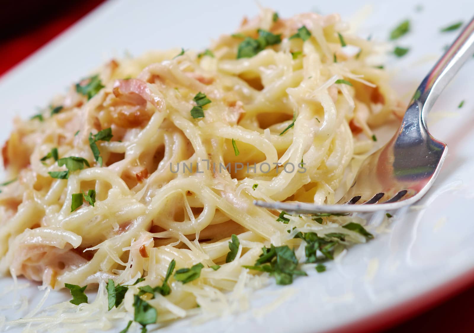 spaghetti carbonara on bowl.closeup