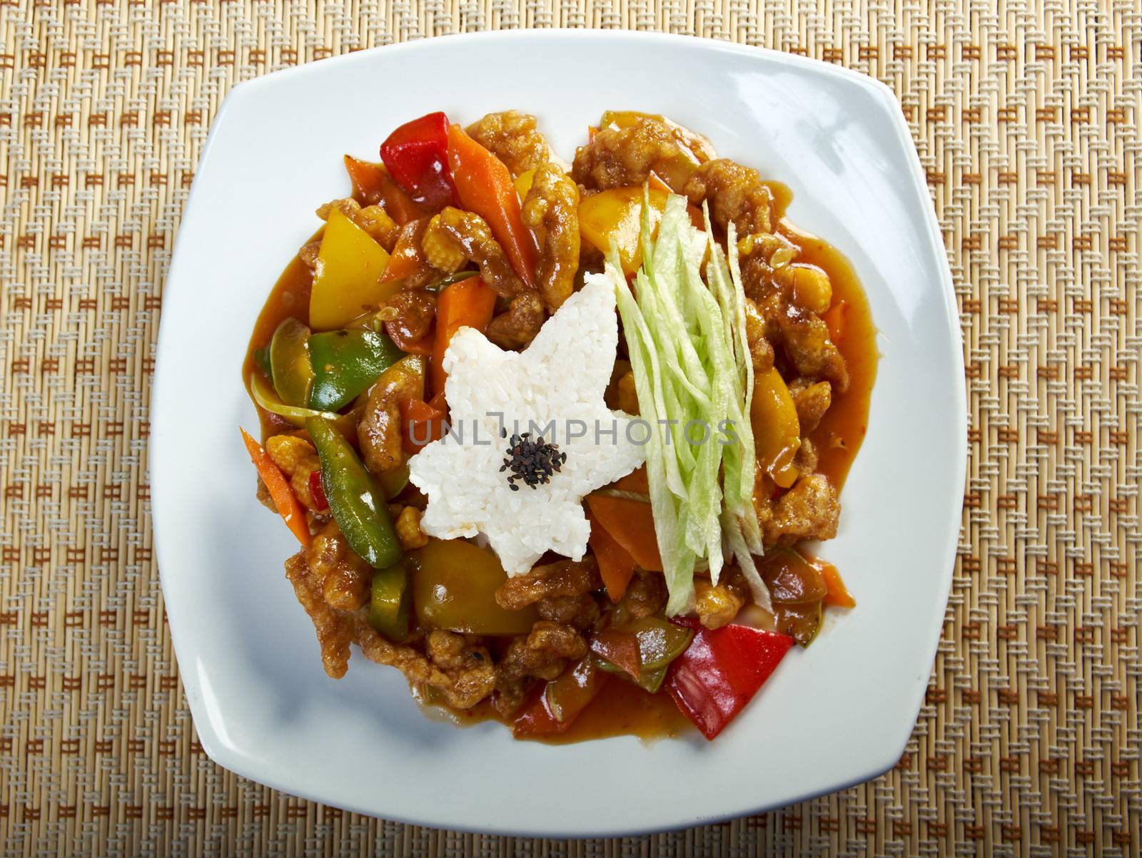 pork with vegetable and soya sauce.closeup.chinese cuisine