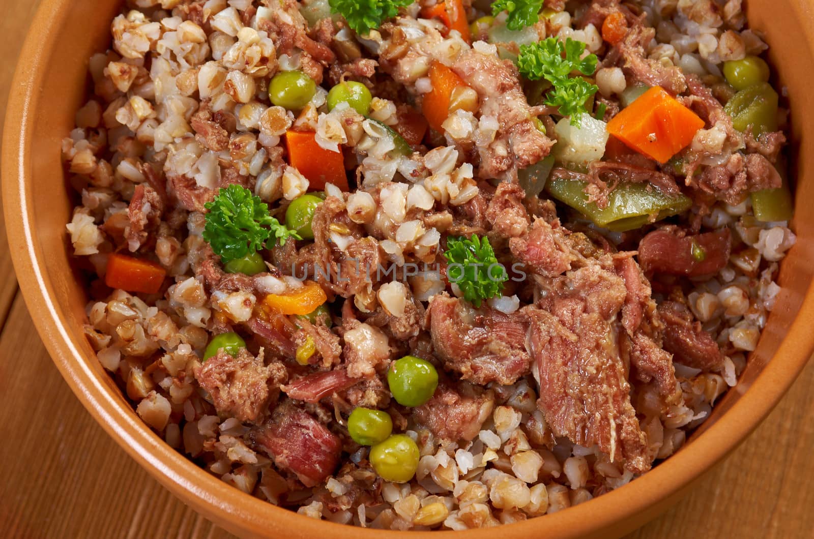 Russian Buckwheat porridge  vegetables und beef closeup