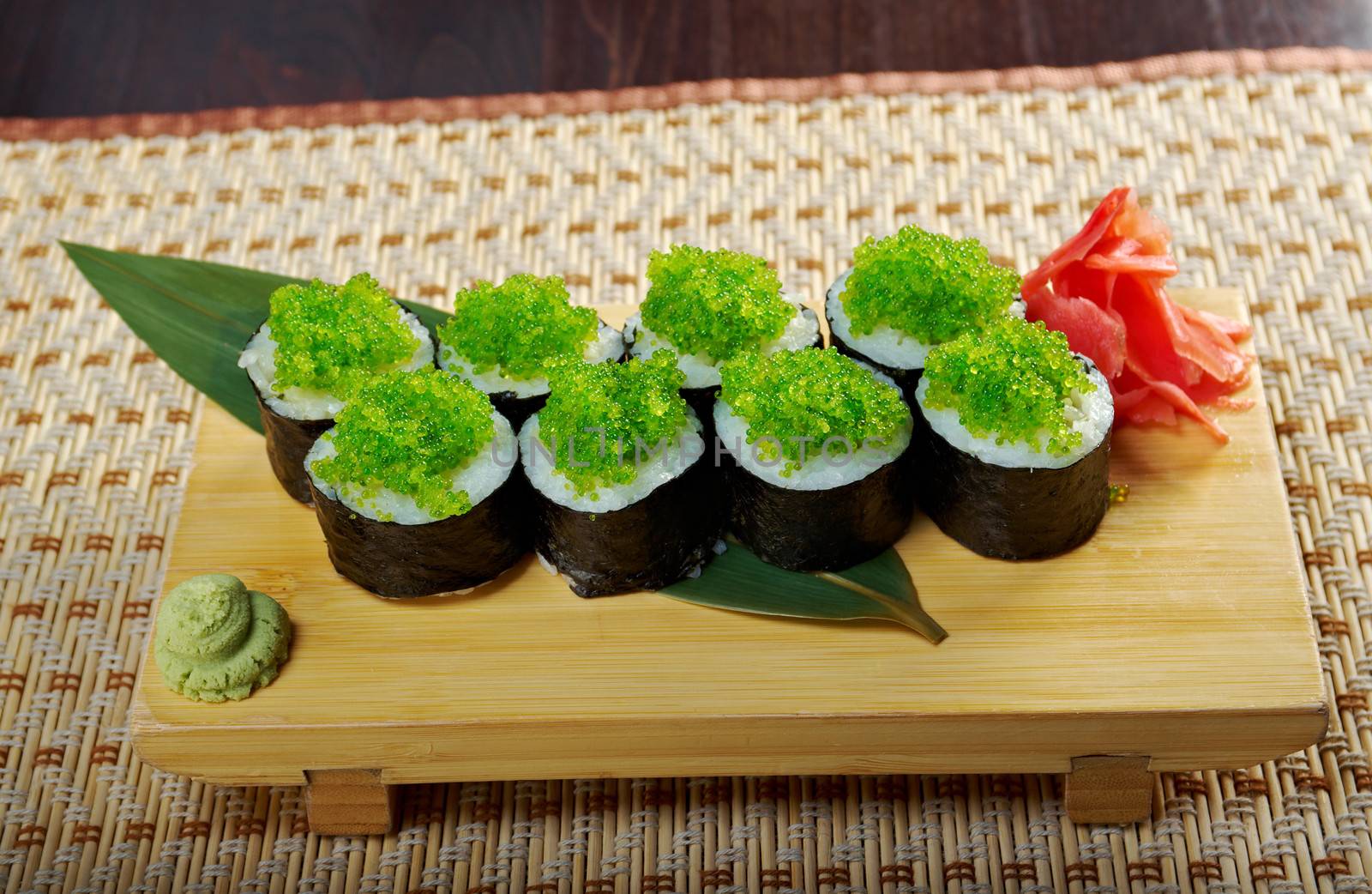 Tobiko (flying fish roe) Gunkan Maki Sushi.Roll made of Smoked fish