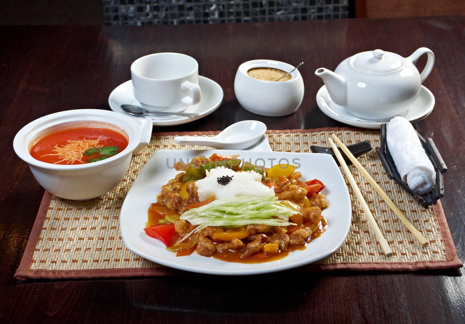 Chinese food style.lunch tomato soup puree and pork with vegetable