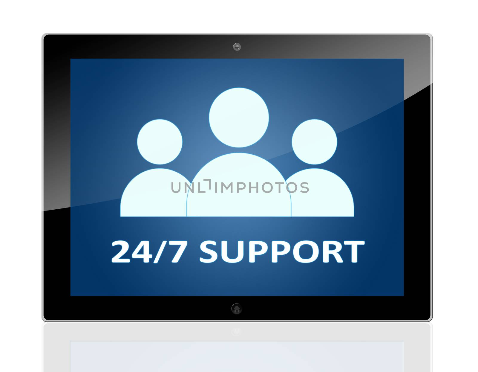 Tablet PC with people icons and words 24/7 Support on blue background - isolated on white background